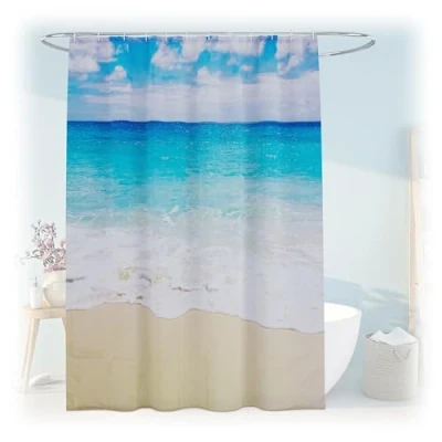Image of Relaxdays Shower Curtain, Sandy Beach, 180 x 200 cm, Mould Resistant, Washable, 12 Rings, for Bathtub, Multicoloured, Polyester