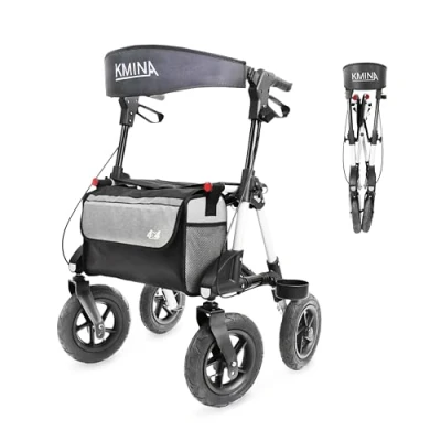 Image of KMINA PRO All Terrain Rollator Walker with Seat, Large 4 Wheeled Rollator, Folding Seat and Basket, Elderly Wheels,