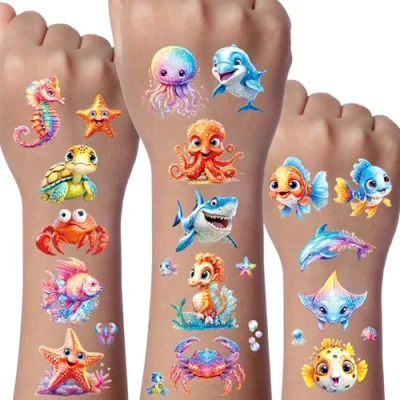 Image of Ocean Glitter Tattoo for Kids, 12 Sheets Temporary Tattoos Gifts Girls Boys, Party Decorations, Bags Fillers