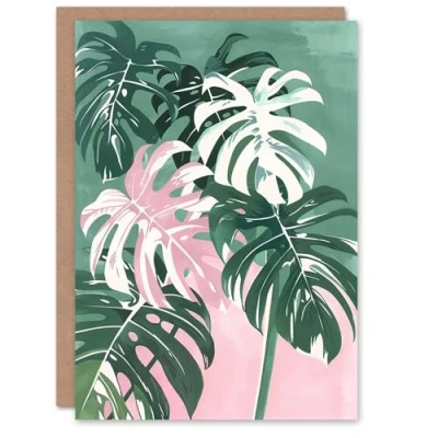 Image of Artery8 Greeting Card Plant Lover Monstera Leaves Green Pink Botanical Blank For Him Or Her Art Birthday