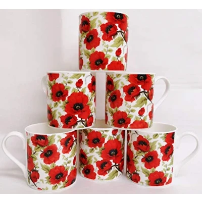 Image of Red Poppy Mugs Set 6 Fine Bone China Balmoral Poppies Cups Hand Decorated UK