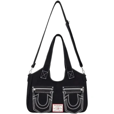 Image of True Religion Women&#039;s Satchel Bag, Crossbody Purse Handbag with Horseshoe Logo Stitching, Black