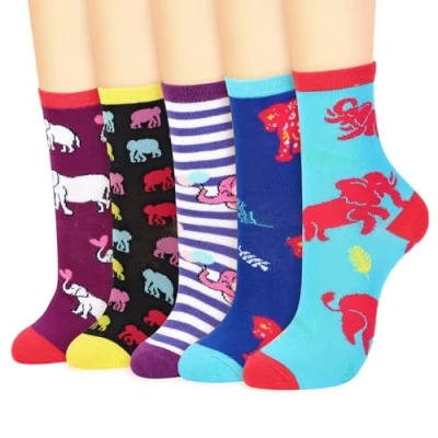 Image of Vinsani 5 Pair Pack Cute Animal Print Socks Fun Colorful Cotton One Size Fits All Soft Breathable Comfortable Everyday for School Casual Wear (UK, Age, Size, Regular, Elephant)