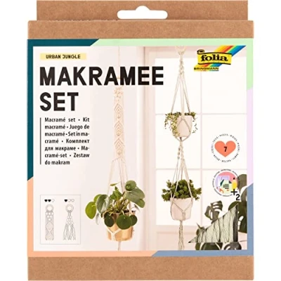 Image of folia Urban Jungle 23729 Macrame Set, 7 Pieces, Yarn (Natural Beige), (Pastel Green), Wooden Beads, Rings, 100% Cotton, with Instructions, for Crafts and Knotting