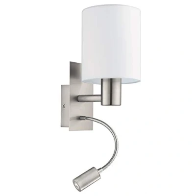 Image of Eglo Pasteri LED Wall Light, Nickel Matt Steel and White Fabric Lamp, E27 Socket, incl. Switch Flexible Reading Lighting