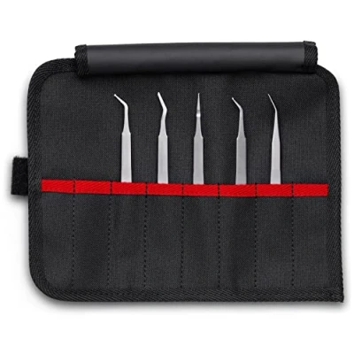 Image of KNIPEX Tools 92 00 03 5 Pc Stainless Steel Tweezers Set in Tool Roll SMD, Silver