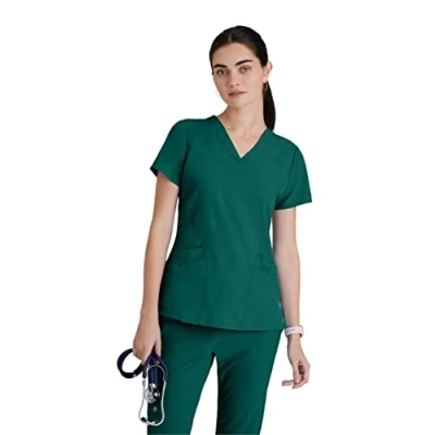 Image of BARCO ONE Women&#039;s Pulse Scrub Top, Sporty V Neck Medical Top w/ 4 Way Stretch &amp; 5 Pockets, Hunter Green, Large