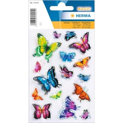 Image of HERMA 15515 3D Stickers for Children, Butterfly (16 Stickers, Foil, Glossy) Self Adhesive, Permanent Adhesive Motif Labels Girls and Boys, Colourful