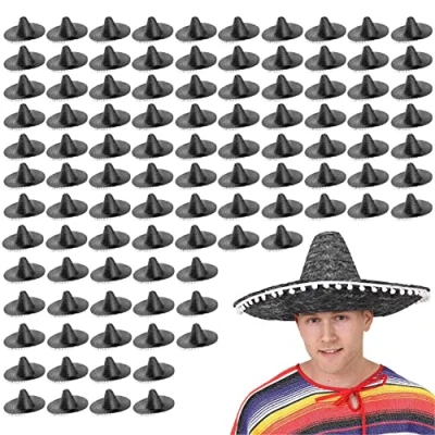 Image of Mexican Black Sombrero With White Pom Poms Straw Hat Fancy Dress Costume Ideal for Hen/stag Night, Summer, Beach Party, Wholesale Bulk Pack Of 1