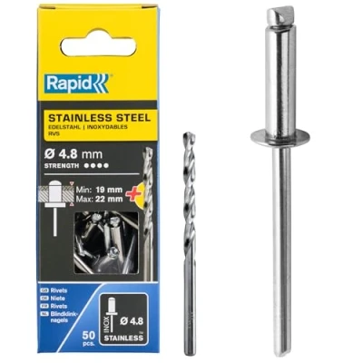 Image of Rapid Rivets Stainless Steel Including Drill Bit, 4.8 x 25 mm, 5000398 50 Pieces, Silver/ Blue/ Clear