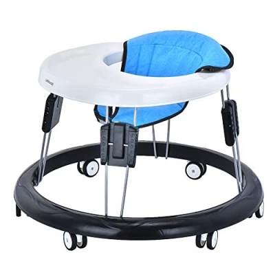 Image of Adjustable Baby Walkers for with Easy Clean Tray, Universal Wheeled Walker, Anti Rollover Folding Walker Girls&amp;Boys 6 18 Months Toddler (Basic, Flax Blue)