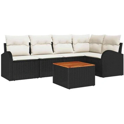 Image of vidaXL 6 Piece Garden Sofa Set with Cushions Black Poly Rattan Acacia