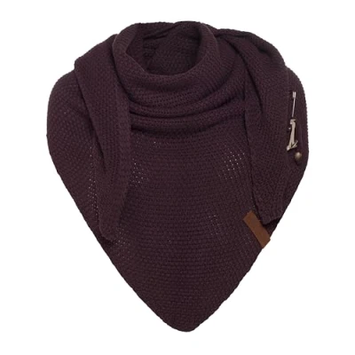 Image of Knit Factory Coco Knitted Shawl Triangle scarf Women Aubergine winter 190x85 cm Manufactured in Europe Ladies Including decorative pin