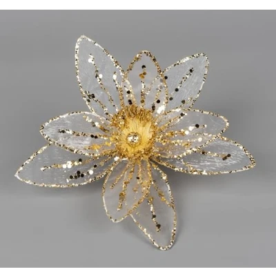 Image of SHATCHI 16cm Deluxe Christmas Glitter Poinsettia White Gold Net Artificial Flower with Metal Clip Tree Decorations Wedding New Year Ornaments