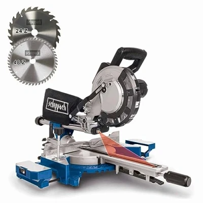 Image of Scheppach HM216 Sliding Mitre Saw 216mm 8&quot; Blade 2000W 45 Bevel 340mm Cross Cut Laser &amp; Quick Lock 2 x TCT Blades 24T 48T for Wood DIY
