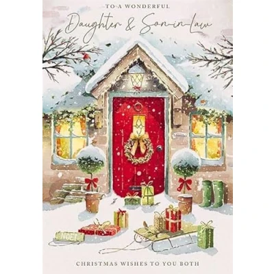 Image of Special Daughter and Son in Law Christmas Card Festive Front Door with Foil Details Eco Friendly Recyclable By Paper House