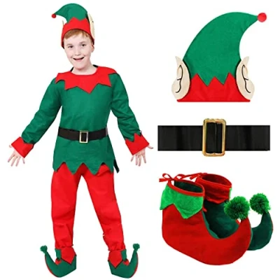 Image of CHILDRENS ELF COSTUME BOYS &amp; GIRLS CHRISTMAS FANCY DRESS OUTFIT KIDS CHEEKY ELVES UP INCLUDING GREEN TOP, RED TROUSERS, HAT WITH ATTACHED EARS, BELT AND BOOTS (MEDIUM)