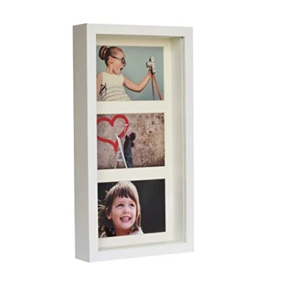 Image of BD ART 7x14 inch Shadow Box 3D Picture Frame with Mat for 3 pictures 4x6, White, PlexiGlass Front Standing Photoframe, Filling, Objects, Photo, Souvenirs, Crafts,Baby Item, dried Flower