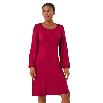 Image of Roman Originals Women Gathered Chest Dress Ladies Stretchy Fit &amp; Flare Swing Tea A Line Skater Knee Length Midi Smart Casual Work Round Neck Going Out Cocktail Party Wine Size 18