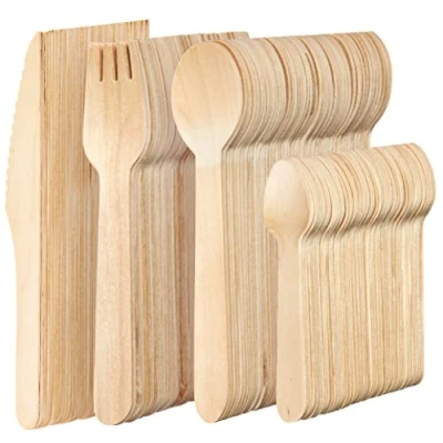 Image of MATANA Disposable Wooden Cutlery Set, 200 Pieces Alternative to Plastic Cutlery, for Parties, Like Bamboo Birch Wood Party Set 100% Natural