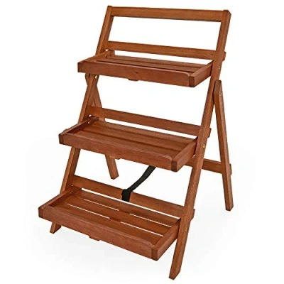 Image of Casaria Display Shelf Plant Flower Stand FSC® Certified Acacia Wood 3 Tier Ladder Folding
