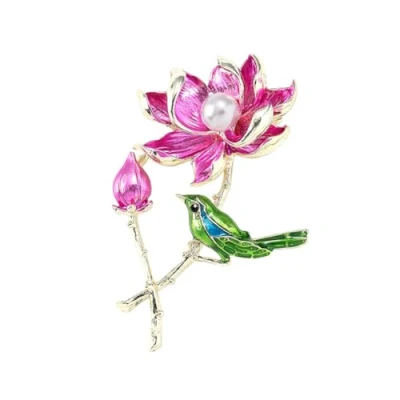 Image of Magpie Lotus Brooch for Women Coat Pins Badges And Bird Crystal Flower Enamel Pin Dress Wedding Party Jewelry Girls Mother