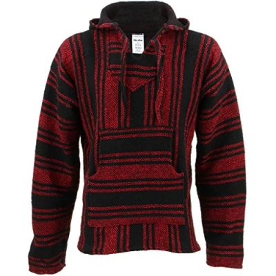 Image of Siesta Mexican Baja Jerga red and Black Hooded Hippie top (L)