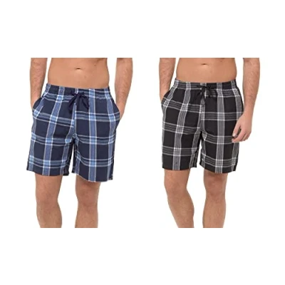 Image of INSIGNIA Mens Woven Pyjamas Lounge Shorts Bottoms Check (2 PACK) (Black Navy, 3XL)