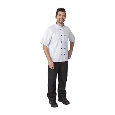 Image of NISBETS Essentials Unisex Short Sleeved Chef Jacket in White with Black Buttons Lightweight Polycotton S Pack of 2