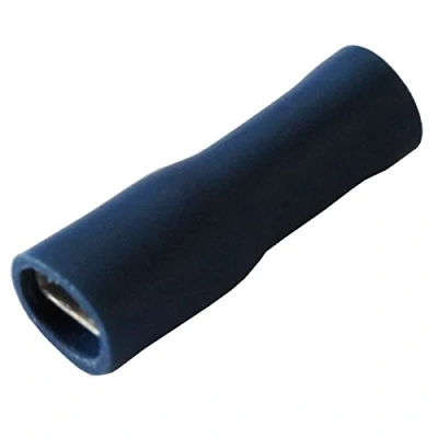 Image of blue 6.3 insulated terminal push on connector female spade crimps 25 50 100 pack (100)