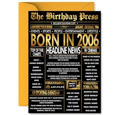Image of Gold 19th Birthday Card for Men Women Black &amp; Golden Newspaper Born in 2006 Happy 19 Cards Colleague Daughter Uncle Sister Grandson Niece, A5 Bday Greeting