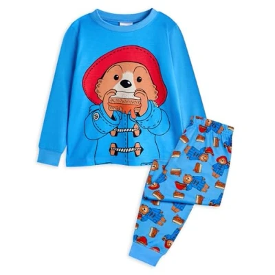 Image of Paddington Bear Kids Pyjama Set Childrens Character Graphic Long Sleeve Top &amp; Leg PJ Bottoms in Blue Red Sandwich All Over Print Nightwear for Boys Girls TV Series Merchandise Gift