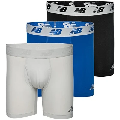 Image of New Balance Men&#039;s 6&quot; Boxer Brief Trunk Underpants Fly Front with Pouch, 3 Pack, Black/Team Royal/Concrete, Large