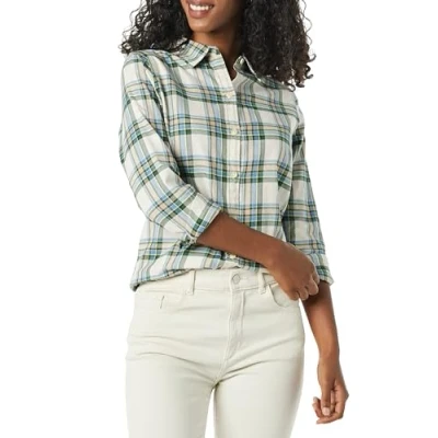 Image of Amazon Essentials Women&#039;s Classic Fit Long Sleeved Lightweight Plaid Flannel Shirt, Ivory Green Alpine Plaid, XS
