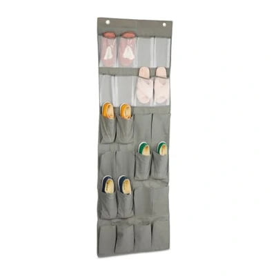 Image of Wardrobe Hanging Storage, 24 Compartments, hwd: 162 x 56 5 cm, Mesh &amp; Fabric, Foldable, Shoe Closet, Grey Relaxdays