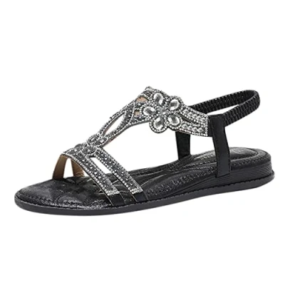 Image of Serria Wide Fit Flat Sandals for Women Summer Strappy Flower Diamante Low Heel Wedges Soft Floral Comfy Lightweight Holiday Open Toe Cosy Shoescomfortable Dressy Summer, IlyMPk6j0