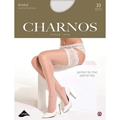 Image of 1 Pair Champagne 10 Denier Bridal Lace Top Hold Ups Ladies Small Charnos