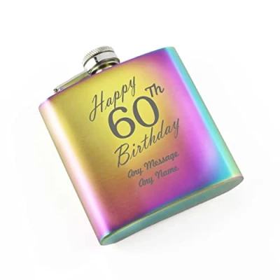 Image of Personalised Engraved 6oz Rainbow Stainless Steel Pocket Hip Flask, Happy 60th Birthday Design, Gift for Her, Gift, Laser in The UK