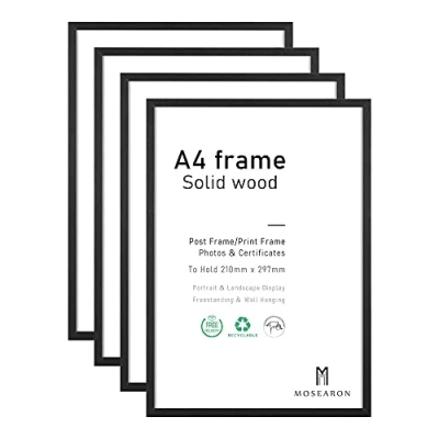 Image of A4 Wood Photo Frame,4 Pack 21x30cm Black Picture Frame,Certificate Frame for Wall Mount or Table Top Display,Set of 4