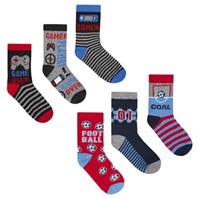 Image of Sock Stack Boys Socks 6 Pairs Of Kids Dinosaur Football Space Gaming Cotton Rich Socks, Foootball/Game, 9 12