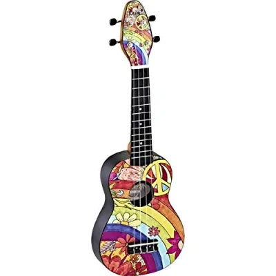 Image of Ortega Guitars Colourful Soprano Ukulele Keiki K2 Starter Kit includes Tuner, Strap, 5 Medium Picks and Drawsting Bag peace &#039;68 (K2 68)