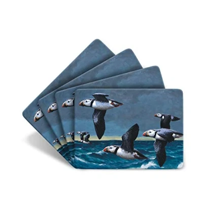 Image of Julian Friers Puffins Flying Large Table Mats by Wildlife Artist Set of 4 Non slip Cork backed Placemat