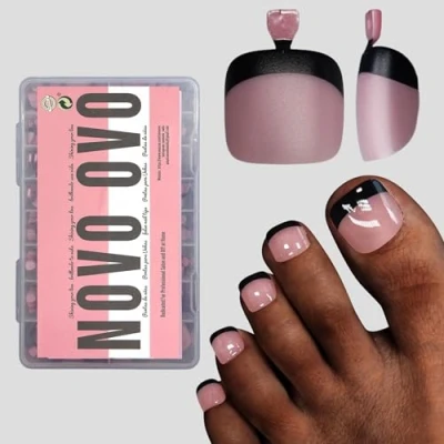 Image of NOVO OVO Fake Toe Nail Tips Press on, Black French Tip Soft Gel Toenail Extension, BERRY PINK Square Round Pre applied Primer &amp; Base Coat, Full Cover Matte False Nails for DIY x 15 Sizes 360Pcs
