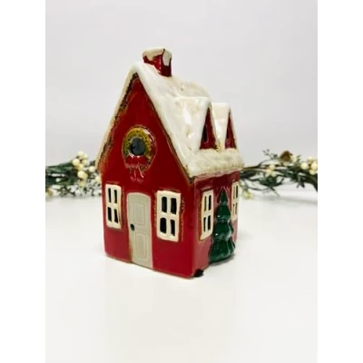 Image of Cottage Ceramic House Village Tealight Candle Holder Home Pottery Ornament (Christmas Cabin (23cms))