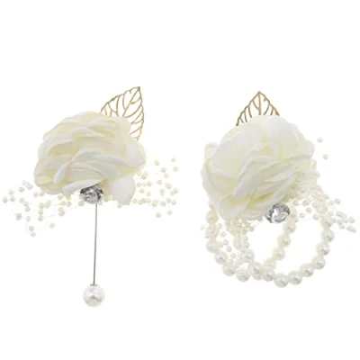 Image of YINETTECH 2PCS Wrist Corsage Boutonniere for Wedding Party Prom Bridal Silk Flower Bridegroom Rose Wristband Hand Flowers White