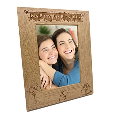 Image of 18th Birthday Photo Frame Portrait Wooden Engraved Bunting Style Gift (8 x 10 Inch)