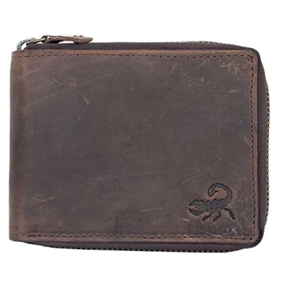Image of FLW Strong genuine leather wallet with a scorpion and metal zipper around