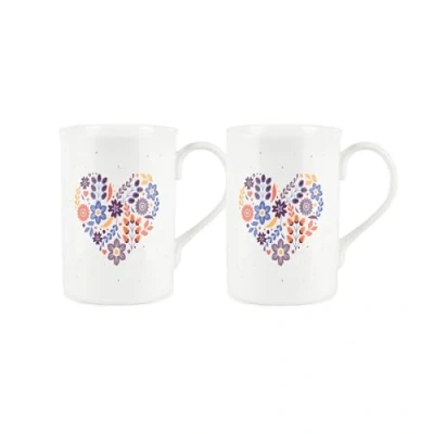 Image of Floral Heart Anniversary Love Mug Set Valentine Couples Mugs Gift Bone China White Coffee/Tea Cup Drinkware Present Pack of 2