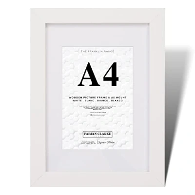 Image of Fabian Clarke London® A4 Modern White Wooden Picture Photo Frame For Certificate or Noticeboard Poster with A5 Mount to Hang Portrait Landscape