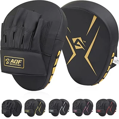 Image of AQF Boxing Pads for Training Punching Muay Thai Rex Leather Curved Mitts MMA, Kickboxing, Karate, Sparring &amp; Martial Arts (Gold)